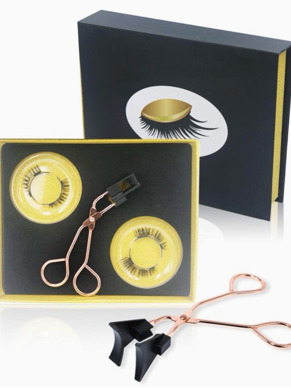 3D False Eyelashes and Rose Gold Eyelash Curler Set - Black Lashes